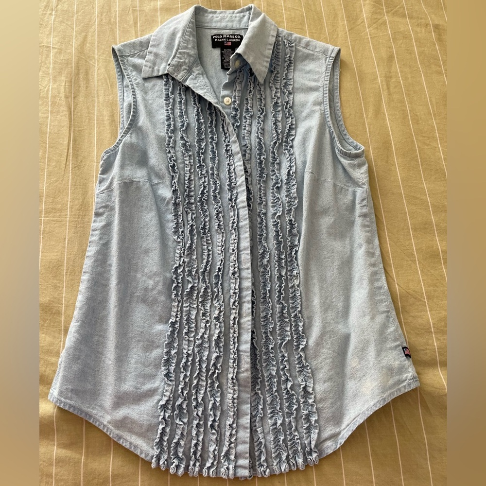 Ralph Lauren Sleeveless Light Blue Ruffled Front Button Shirt Casual Women’s Top